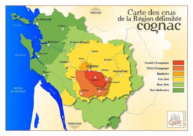 Bản đồ khu vực sản xuất rượu Cognac lừng danh